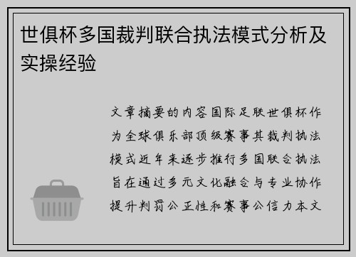世俱杯多国裁判联合执法模式分析及实操经验