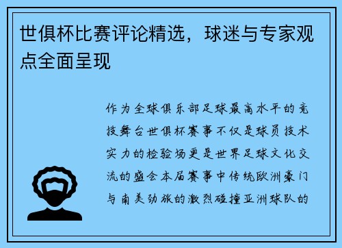 世俱杯比赛评论精选，球迷与专家观点全面呈现