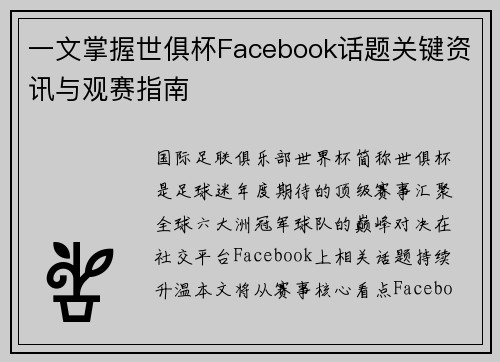 一文掌握世俱杯Facebook话题关键资讯与观赛指南