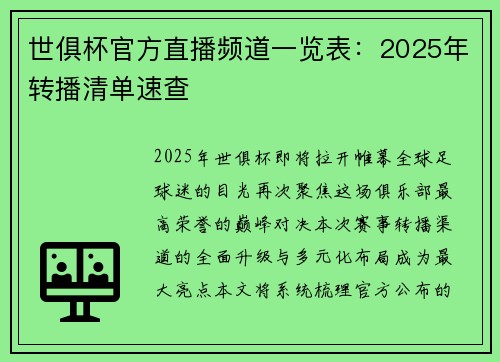 世俱杯官方直播频道一览表：2025年转播清单速查